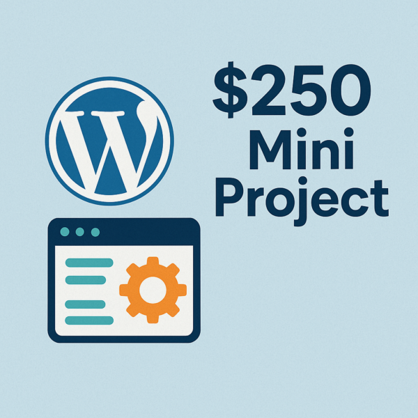 WordPress mini project service – $250 flat fee for 2-hour fixes, featuring WordPress logo and code gear icon